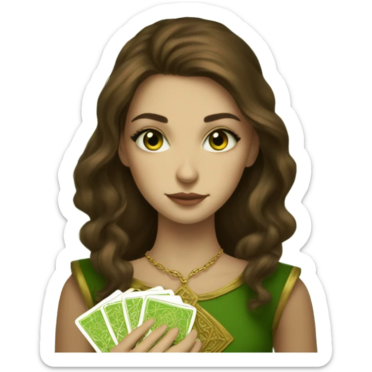Brown hair beautiful girl green eyes with brown tarot gold cards sticker