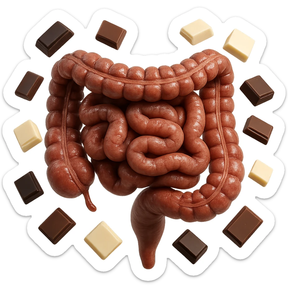 pezzetti di cioccolato fondenti, al latte e bianchi fluttuano intorno ad un intestino umano anatomico realistico, IPERREALISTICO 4K sticker