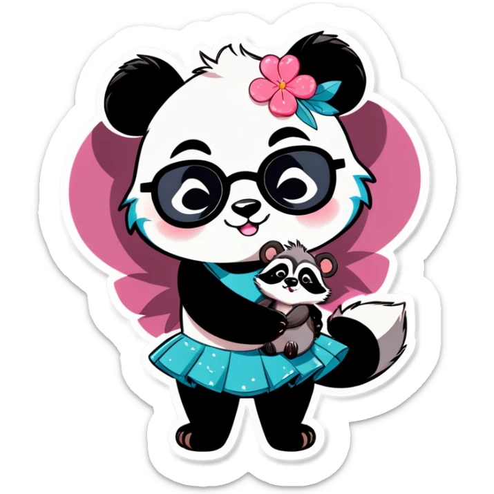 Cute female Panda wearing a tutu and glasses with a flower above 1 ear hugging a male raccoon  sticker