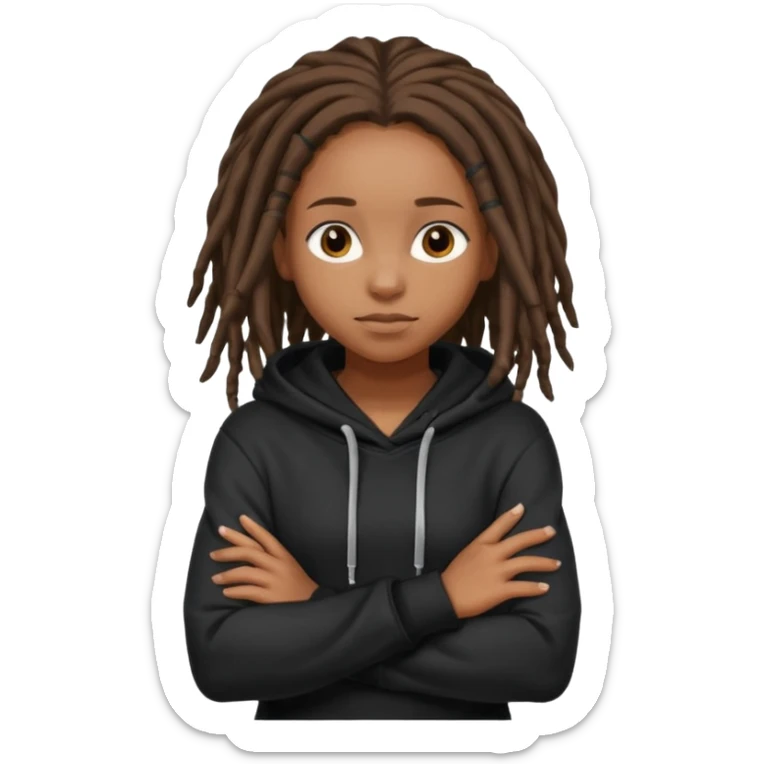 African American girl with shoulder length dreadlocks wearing a plain black hoodie with her arms folded across her chest sticker