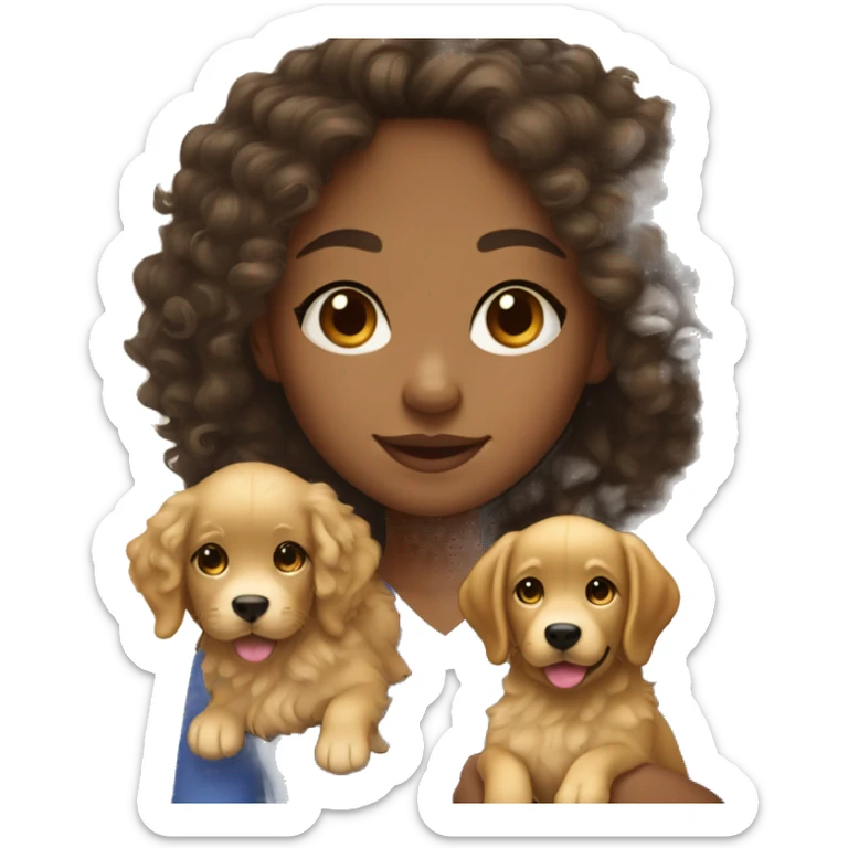 Mixed skin girl with  curly hair with a golden retriever puppy sticker