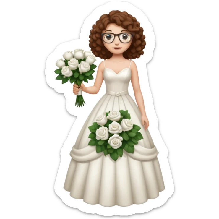 Chica blanca, pelo rizado, gafas, vestido novia, cuerpo entero, pelo castaño sticker