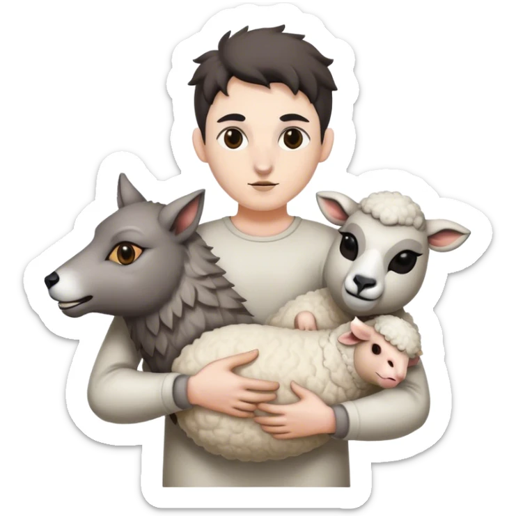the whole body of a wolf with a human body in its hand, with sheep's masks in its hands sticker