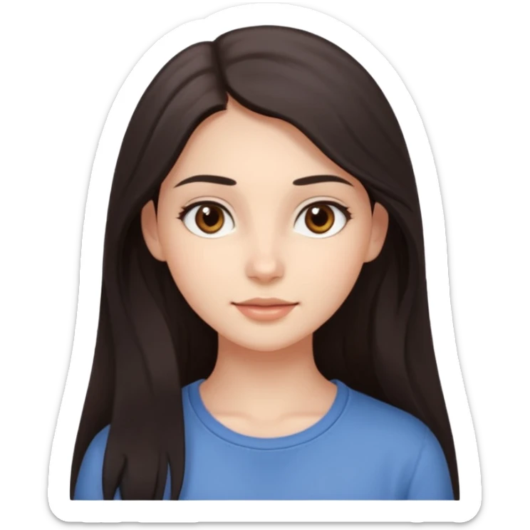 Create an Apple-style emoji of a young woman with long dark hair, brown eyes, natural look, smooth skin, soft shading, simple outfit, cute and friendly expression. sticker