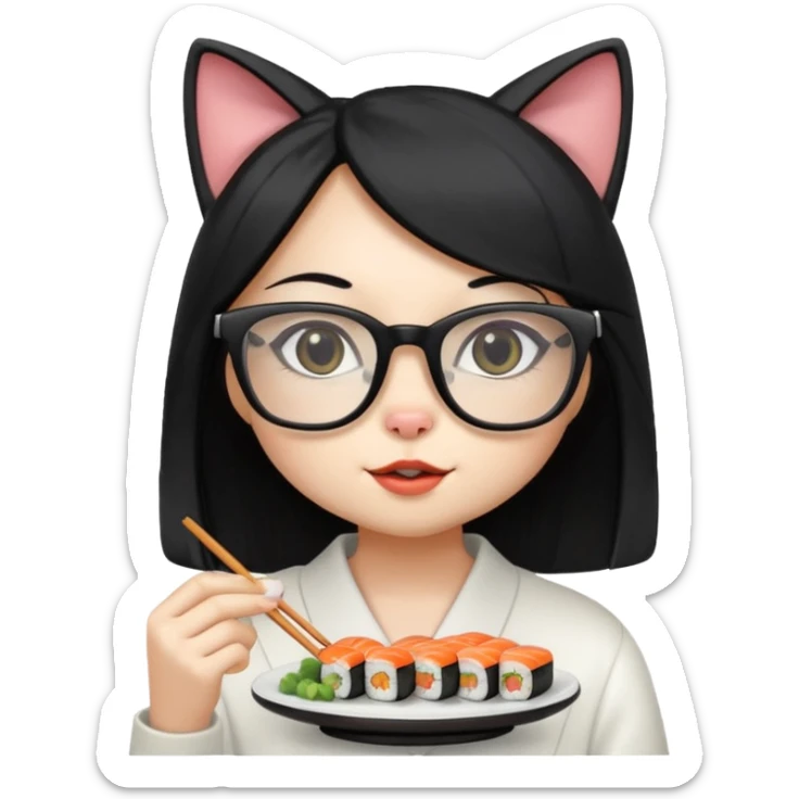 cute girl cat with long straight hair and really big square glasses with super thin frames eating sushi sticker