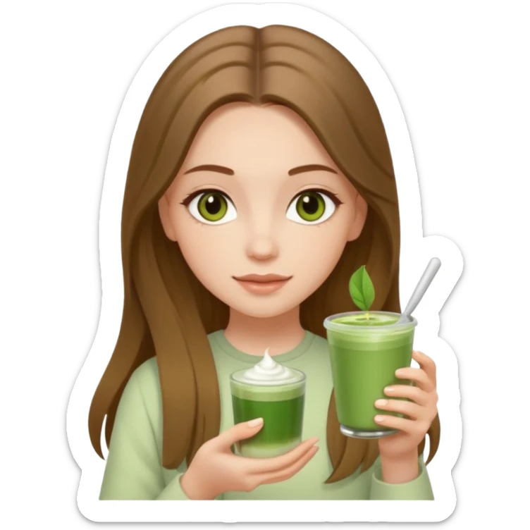white long brunette hair girl with hazel eyes wearing light who is holding matcha sticker