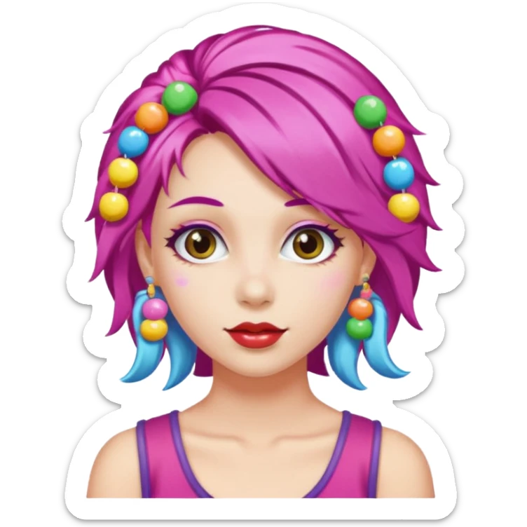 colorful hair woman with candy accessories, not holting a candy sticker