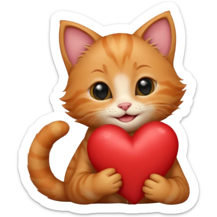 The ginger kitten is hugging a heart, very happy and smiling, he has a very beautiful face. sticker