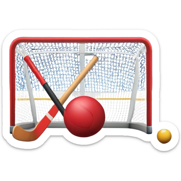 A red ball and hockey stick resting on an ice rink, with the goalposts and clear markings in the background. The scene captures the unique nature of field hockey with a ball on ice, emphasizing the speed and precision of the sport in a cold, competitive atmosphere. sticker