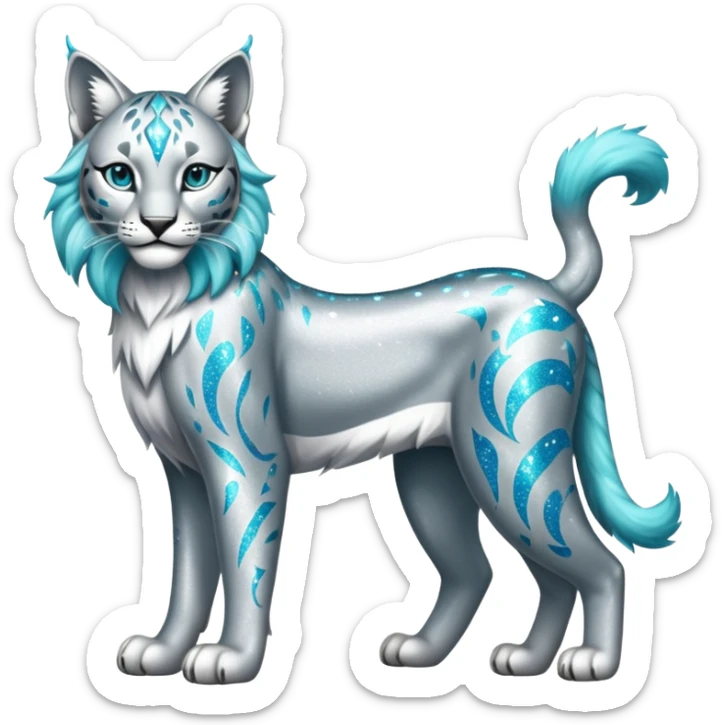 Sparkly shiny Silver and cyan Fairy-type Bobcat-Lynx-Lion-Fakémon full body sticker