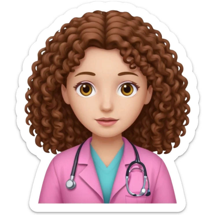 médica, cabelo castanho, pele branca, cabelo cacheado, cabelo comprido, roupa rosa sticker