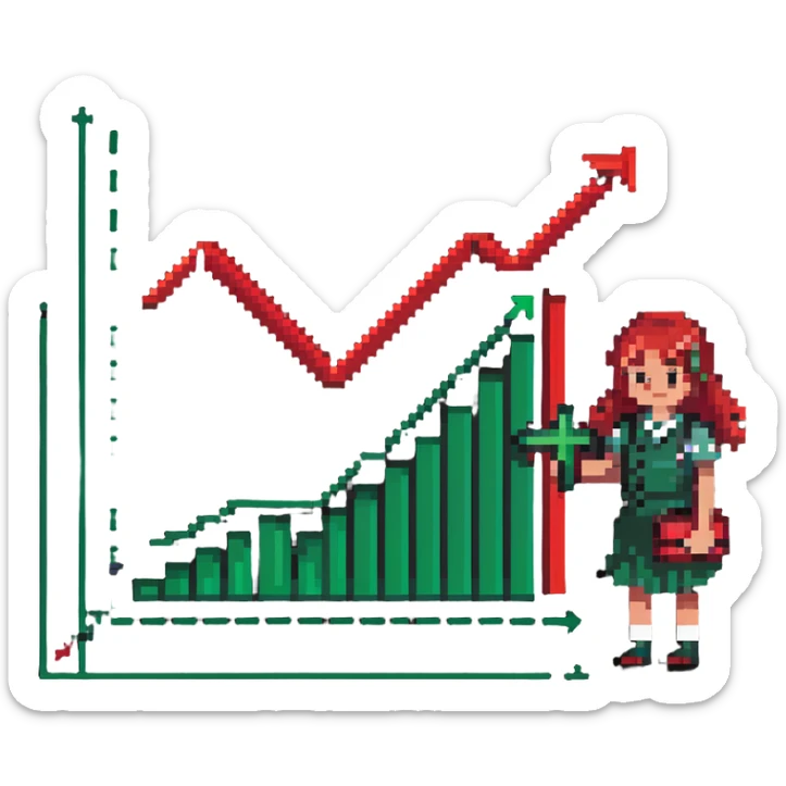 Girl holding chart with rising green graph line in right hand and holding another chart with falling red graph line in left hand sticker