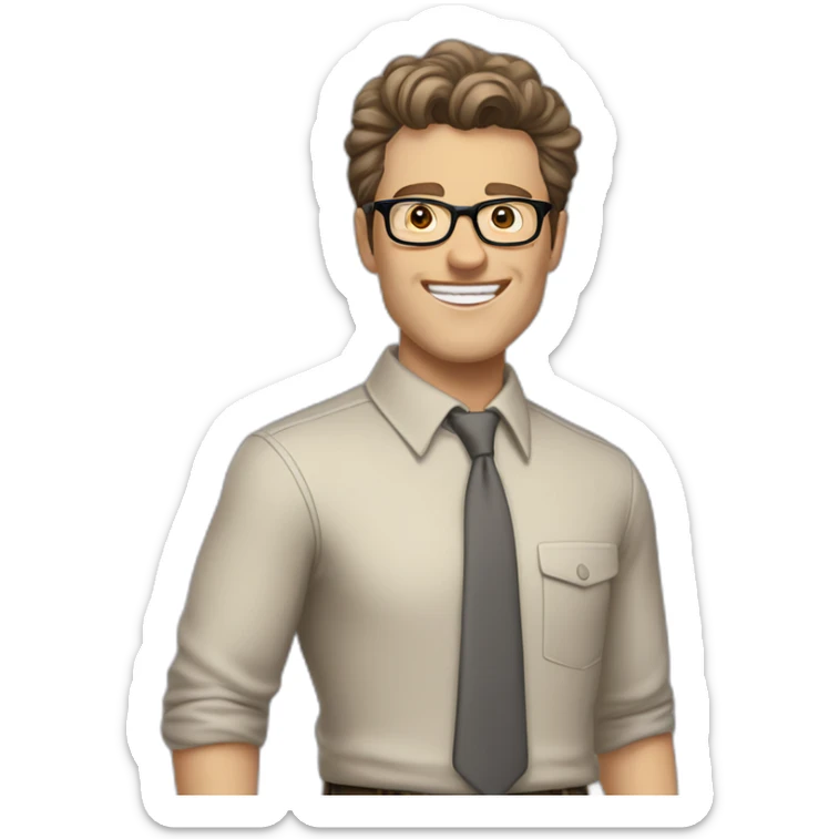 Joyful Pale skinned Fit Man With dark brown hair in gray jacket, beige office shirt, Brown pants and vintage glasses. His thrumbs up sticker