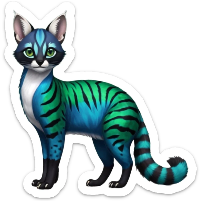 Colorful dark tropical cobalt-blue, black, white fur, with green eyes, iridescent glorious divine exotic cute cool beautiful shiny beautiful fantasy-caracal-civet-genet-sergal-vernid-Cacomistle-Furret-civet-oncilla-animal-Fakémon-hybrid-fursona with pattern markings (full body) sticker