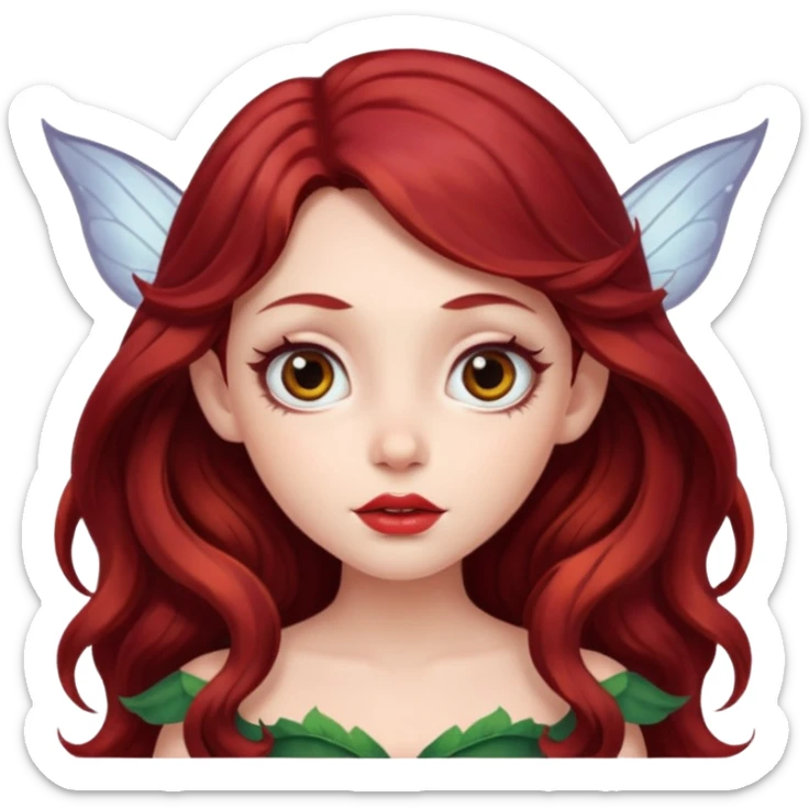 long and wavy dark red haired girl, with thick lips, big eyes and she looks like a fairy sticker