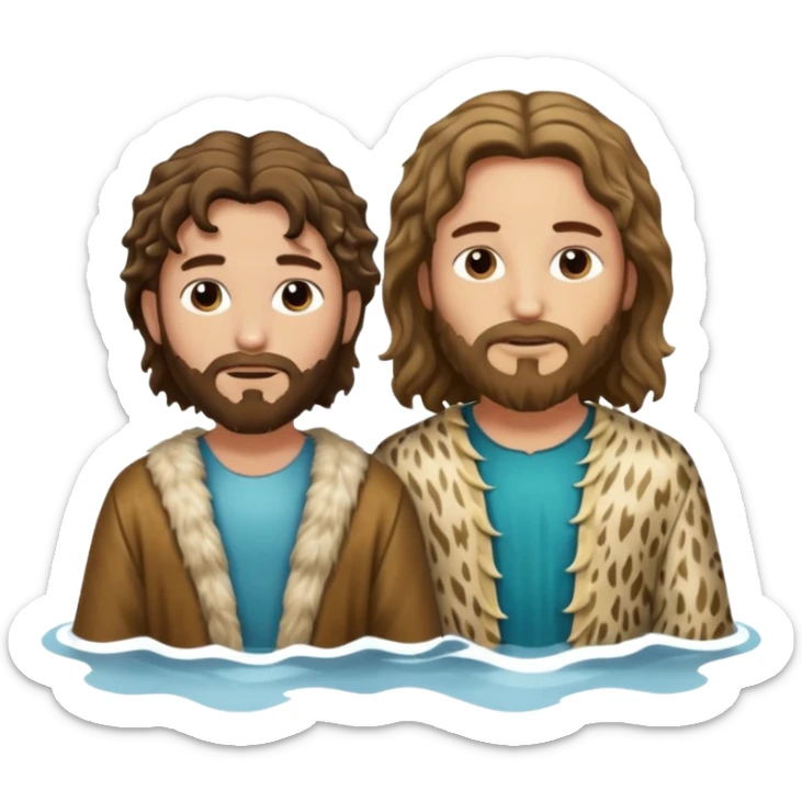 John the Baptist (wavy hair, animal skin clothes) and Jesus (same age) together in water, both wearing clothes sticker
