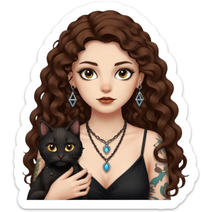 woman with long curly brown hair, brown eyes, white skin, tattoos, black cat wearing tiny rune necklace judging everyone sticker