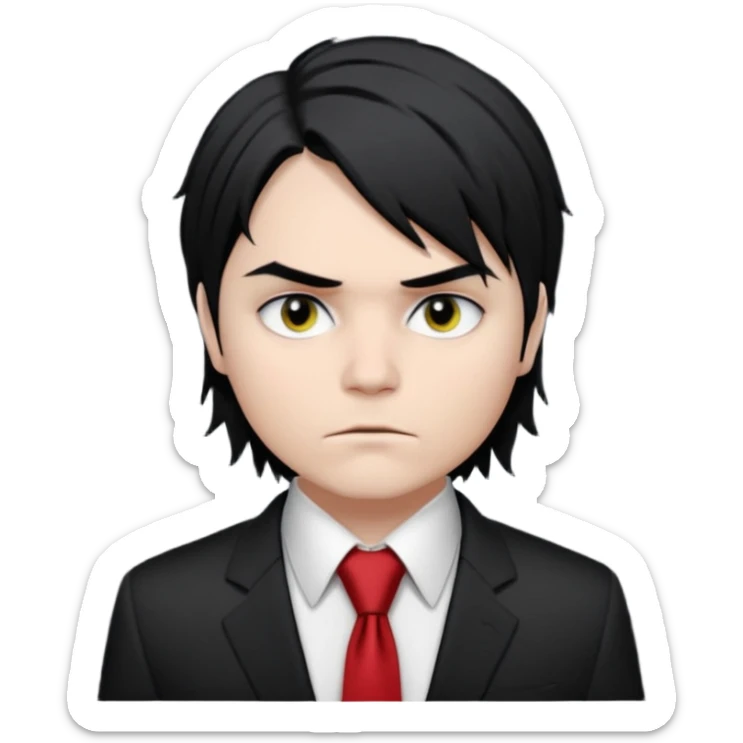 Gerard Way (Revenge Era)
Round, simplified emoji style
Pale skin tone
Jet-black, shoulder-length hair messy and emo
Heavy eyeliner and slight red shadow under the eyes
Subtle serious
Hint of red tie visible on black button up shirt.
Transparent background. Black eyeliner. Messy emo hair sticker