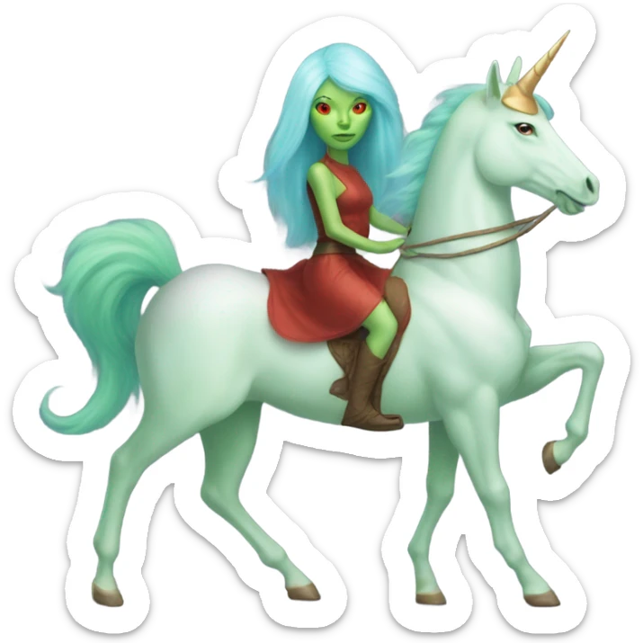 [politically incorrect
	{ woman: alien, color: light green, hair:red, eyes:cat} ]
	on a 
	[{ unicorn: white, legged:four, mane: light blue }] sticker