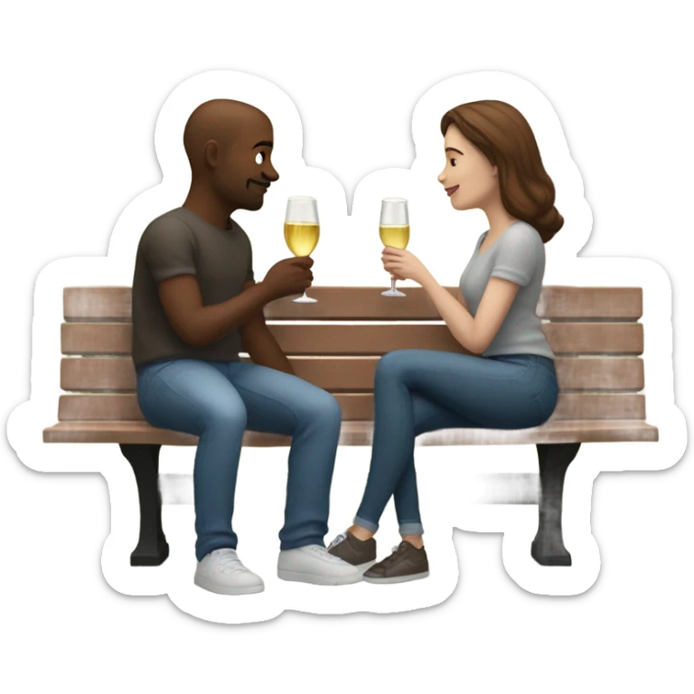 couple with white skin people and brown hair, sitting closely on a park bench, enjoying a romantic moment. One person is holding a croissant, and the other is holding a glass of Prosecco.  sticker
