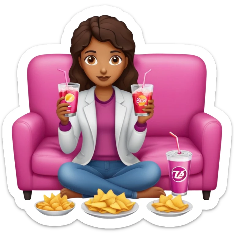 home brown girl with plate of chips and one soda drink, sitting at the pink sofa sticker