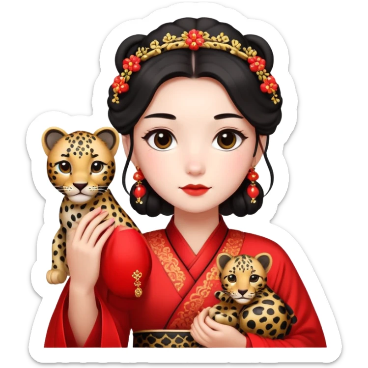 A beautiful girl in red Hanfu wedding dress is holding a black leopard sticker