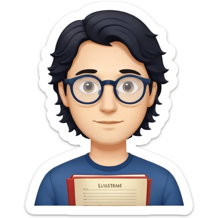 Young caucasian man with slightly longer wavy black hair, round glasses, dark blue shirt, holding a theater program sticker