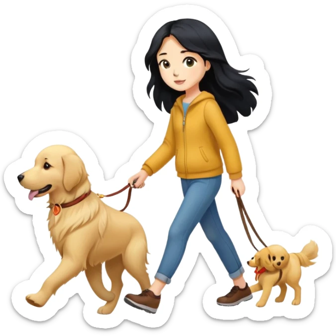 Long black hair - girl walking with a golden retriever sticker