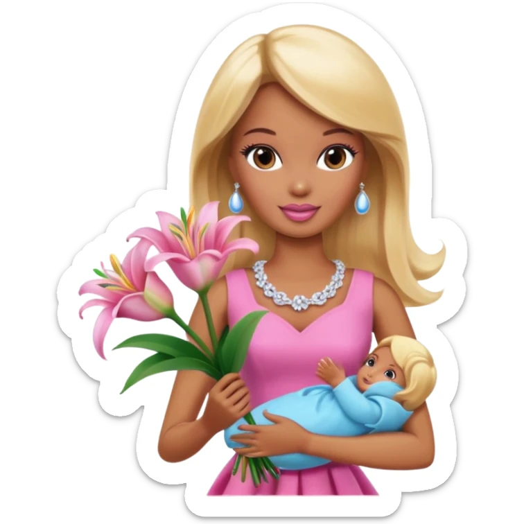 Brown skin blonde hair barbie with baby pink lily bouquet  sticker