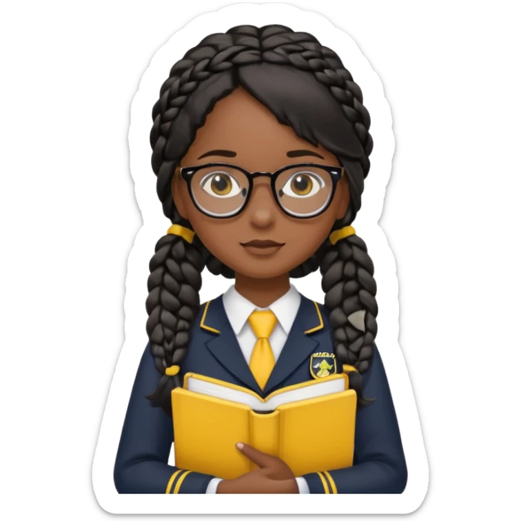 Girl student wearing uniform, glasses, hold yellow book in front of their chest, black braided hair, dark skin sticker