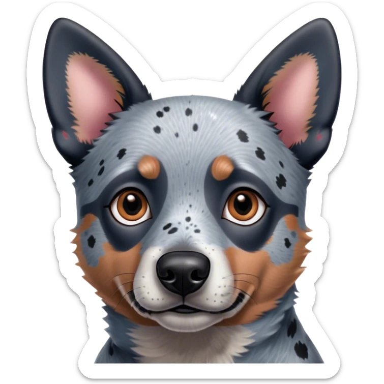 A cute, slightly 3D emoji-style digital illustration of a Blue Heeler (Australian Cattle Dog) from the neck up, with a focus on its face and upper neck. The dog has a black and gray speckled coat with short, dense fur. It has large, pointed ears that stand upright, with the inner part of the ears being a soft pinkish hue. The face is expressive, with warm brown eyes—one eye slightly lazy—giving it a friendly and curious look. The dog’s snout is medium-sized, with a black nose and subtle whisker markings. The expression is neutral but slightly inquisitive. The fur texture should be smooth and well-blended to maintain a polished emoji-style appearance. The illustration should have smooth shading, a rounded, polished look, and a slightly three-dimensional feel. No black spots on the fur. No background. sticker