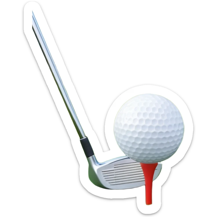 A golf ball on a tee, with a golf club placed beside it on the lush green fairway. The background shows a serene golf course with neatly trimmed grass and a clear blue sky, emphasizing the elegance and precision of the game. sticker