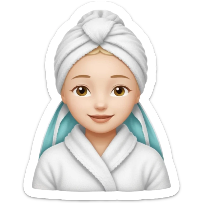 cute girl with her eyes closed and smiling, wearing a white spa towel as her clothes in she has a white spa towel on her head, white face skincare sticker