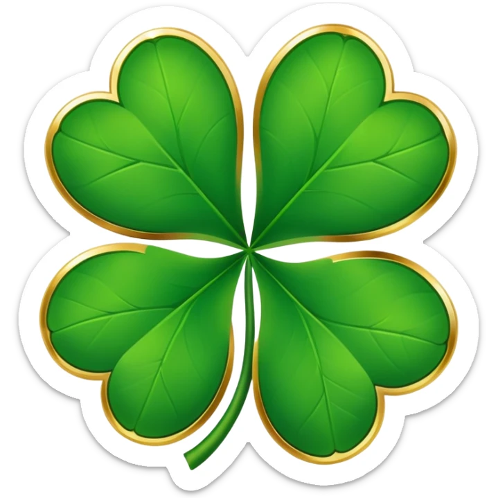 Four-leaf clover emoji  with vibrant green leaves and gold edges. Below, in gold lettering, a pure white background. sticker