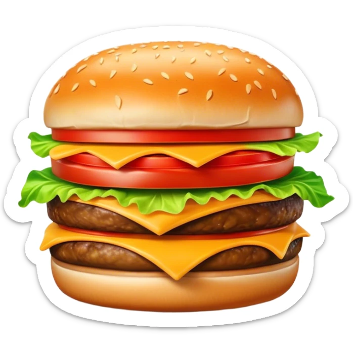 Cinematic Realistic Cheeseburger Dish Emoji, showcasing a juicy burger layered with cheese, lettuce, and tomato on a toasted bun rendered with lifelike detail and vibrant, inviting lighting. sticker