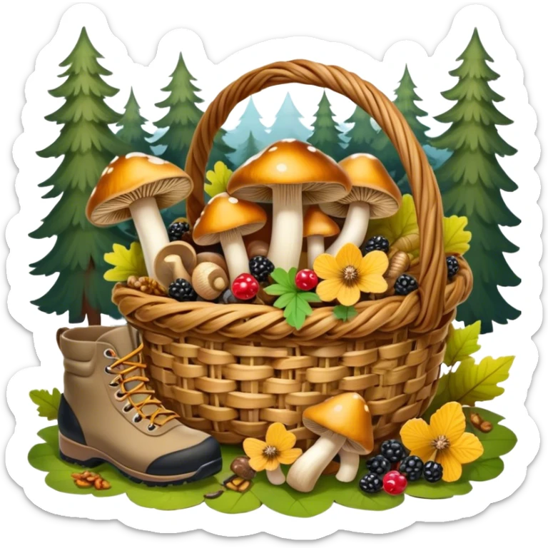Icon for Mushroom and Berry Tourism: a basket filled with mushrooms chanterelles, boletus and aspen and berries, surrounded by forest elements like trees, leaves and a hiking boots. The icon should capture the joy of foraging in nature. Transparent background. sticker