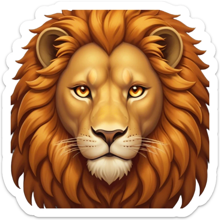 Cinematic Noble Lion Portrait Emoji, Poised and regal, with a powerful, muscular build and a majestic, tawny mane, deep-set soulful amber eyes, Simplified yet sharp and sophisticated features, highly detailed, glowing with a warm, dignified glow, high shine, intelligent and fierce, stylized with an air of wild majesty, focused and attentive, soft glowing outline, capturing the essence of a watchful and confident king, so majestic it feels as though it could roar out of the screen with effortless authority! sticker