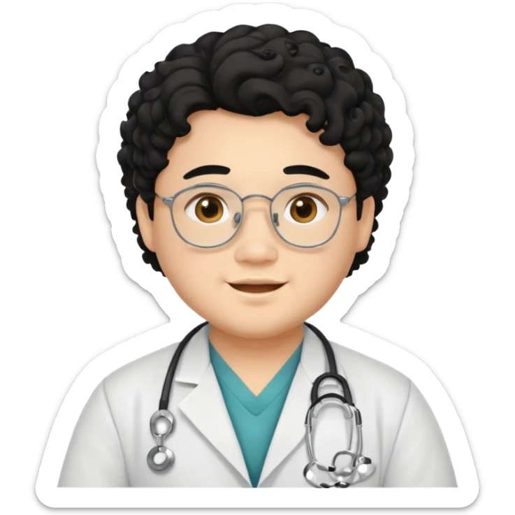 a young asian chubby male doctor with black long curly hair and cheerful face without gpasses sticker