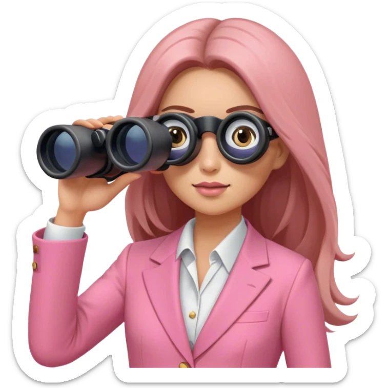 futuristic-looking woman with long hair in an intensive color pink suit looking through binocular, viewed from an angled perspective. Binoculars must be two-eyed sticker