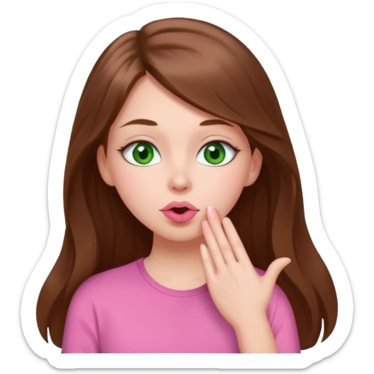 White girl wearing a cute pink shirt with long brown hair and green eyes sending a kiss sticker