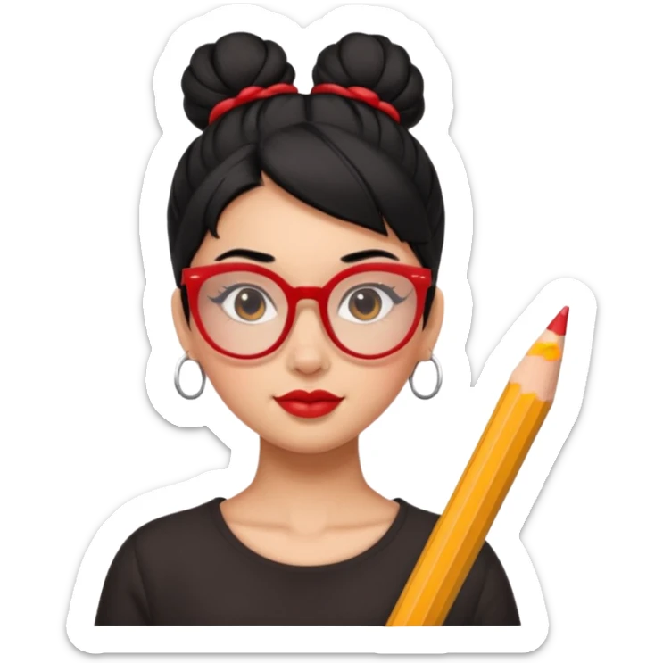 Morena girl with black hair in a pencil that creates a high bun hairstyle. She has red glasses sticker