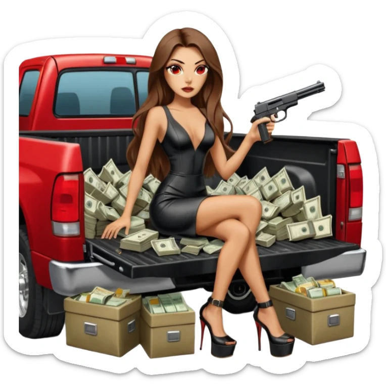Lilith symbol red eye seductress evil long brown haired sexy succubus woman with leather long dress with slit, sitting in Big Large F350 pickup truck. Black Platform high heels on feet. Back of truck full of stacks of cash, sitting behind her is  a human skull with a gun in other hand sticker