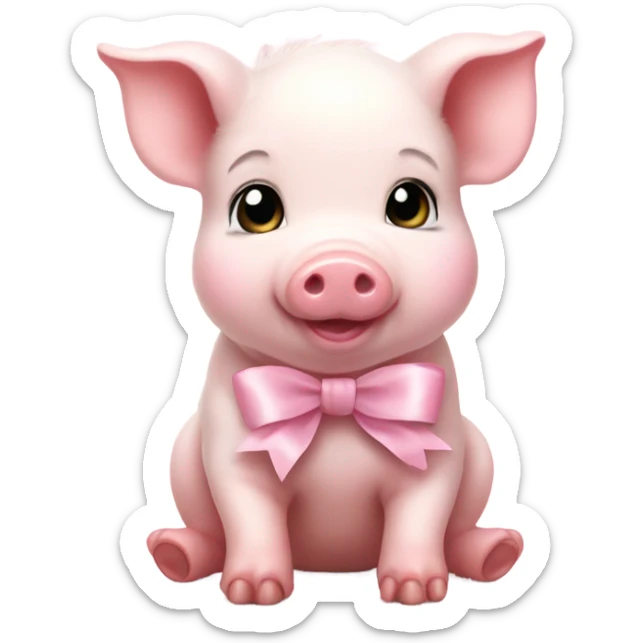 Fuzzy baby piglet with light pink bow sticker