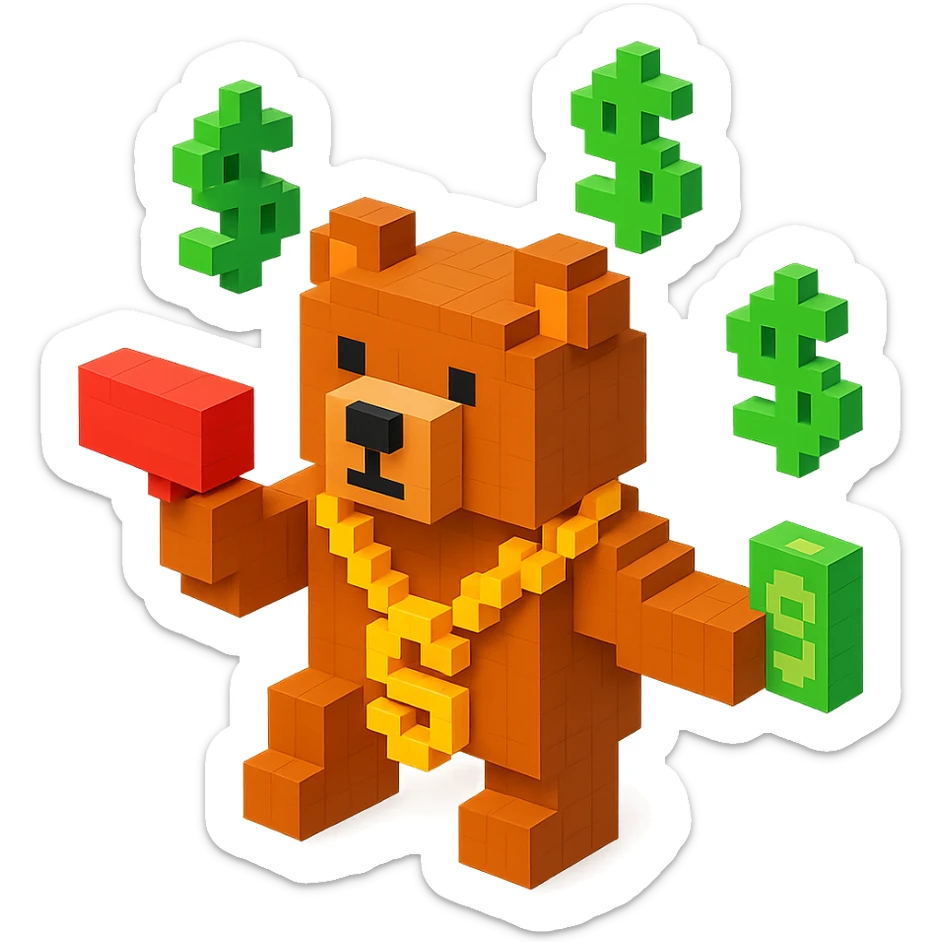 Russian grizzly bear with a rapper chain and money gun, surrounded by dollar signs sticker