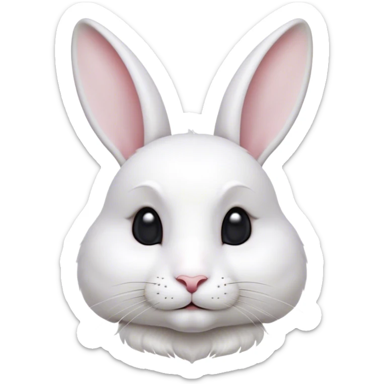 Cinematic Noble White Rabbit Portrait Emoji, Poised and regal, with a graceful, compact build and a pristine, silky white fur, long perky ears and gentle, soulful dark eyes, Simplified yet sharp and sophisticated features, highly detailed, glowing with a soft, dignified glow, high shine, intelligent and gentle, stylized with an air of refined elegance, focused and attentive, soft glowing outline, capturing the essence of a watchful and confident companion, so majestic it feels as though it could hop out of the screen with effortless authority! sticker