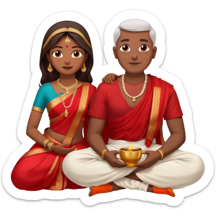 an indian bride sitting on her fathers lap. father is wearing a dhoti, shirtless and sitting on a chai sticker