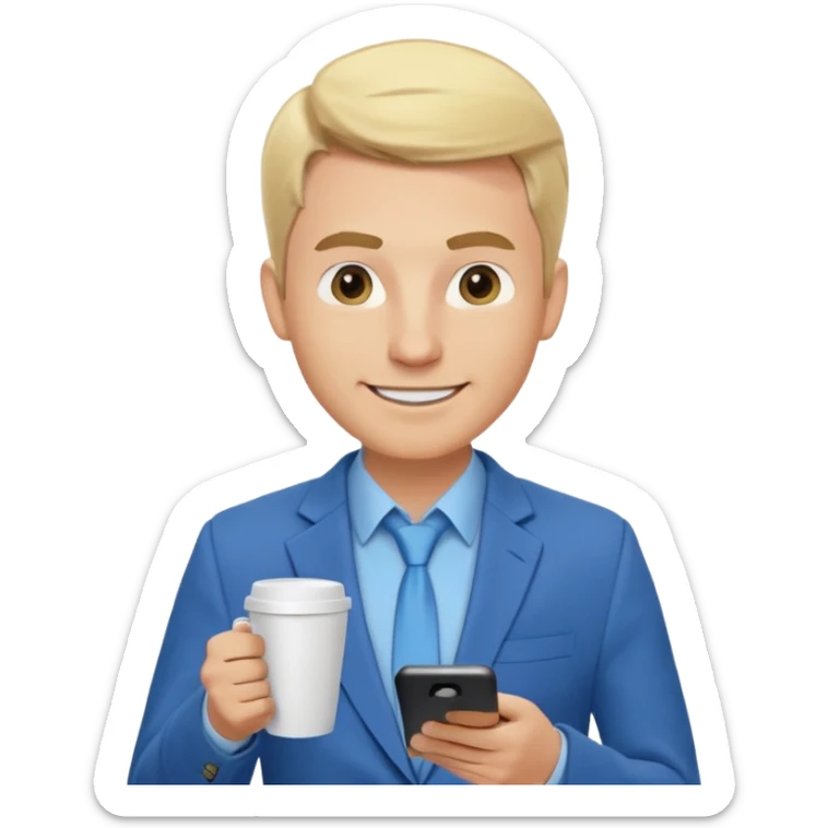 Confident and outgoing male entrepreneur, Caucasian features, blonde hair, big friendly smile, expressive eyes, defined eyebrows, wearing a blue blazer over a light blue shirt, holding a smartphone in one hand and a coffee cup in the other, waist-up, front-facing sticker