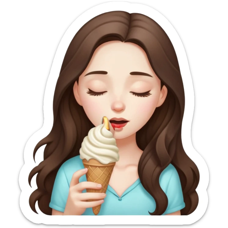 beautiful pale brunette girl with long hair enjoying an ice cream eyes closed sticker