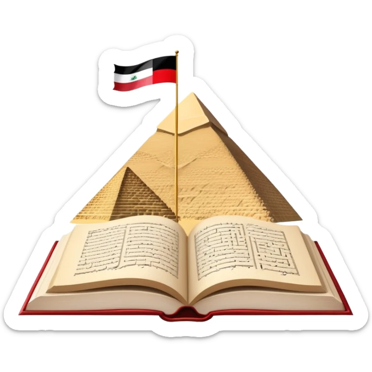 An icon featuring the Pyramids of Giza and the big flag of an Arabic-speaking country, symbolizing the Arabic language. The design includes an open book with Arabic script and calligraphy, representing language learning and cultural heritage. Transparent background sticker