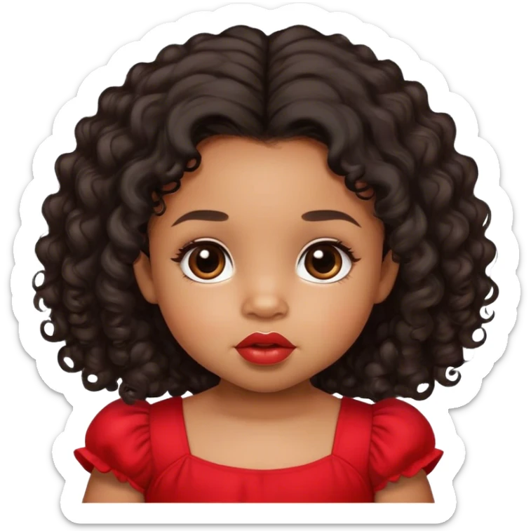 light brown skin tone, very adorable toddler, with big plump lips, long long lashes, black curly hair, middle hair parting, brown eyes, red dress sticker